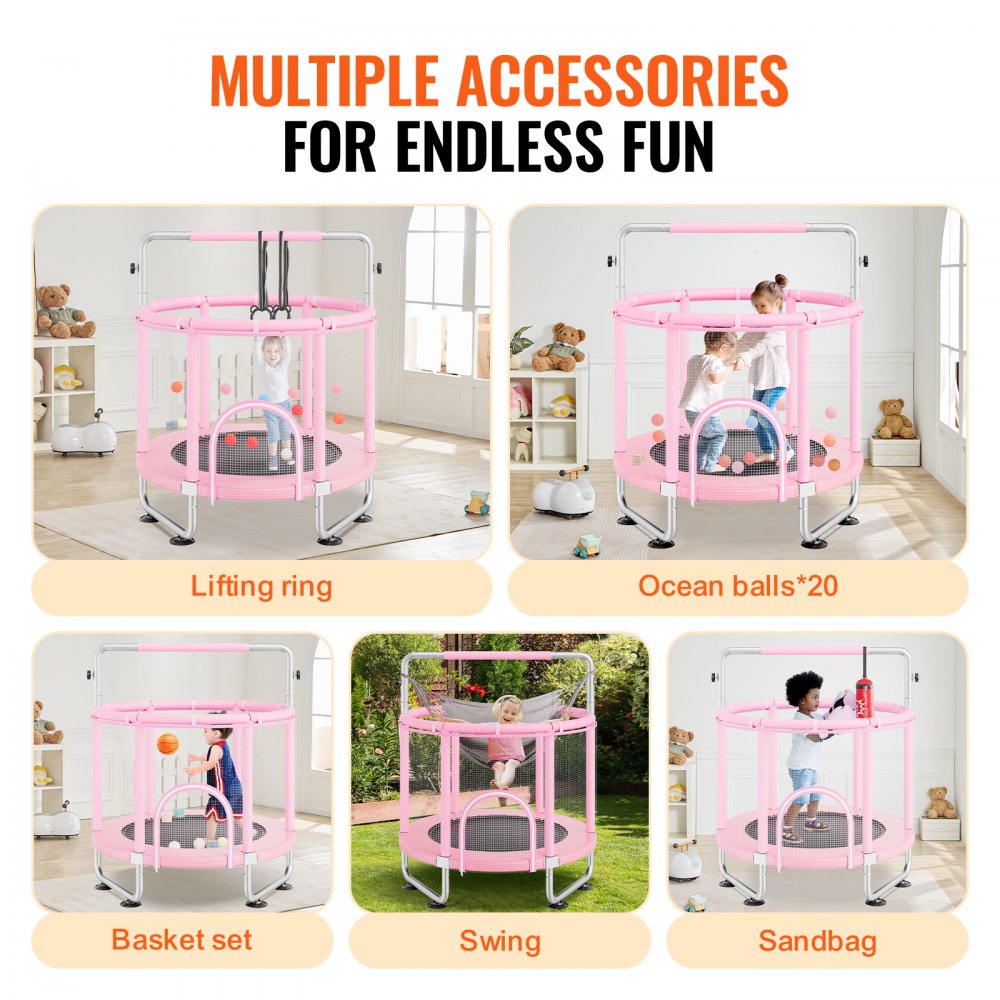 VEVOR 55" Kids Trampoline, 4.6FT Indoor Outdoor Trampoline, Mini Toddler Recreational Trampolinewith Safety Enclosure Net and Basketball Hoop, Birthday Gifts Christmas Toys for 3+ Years Children, Pink