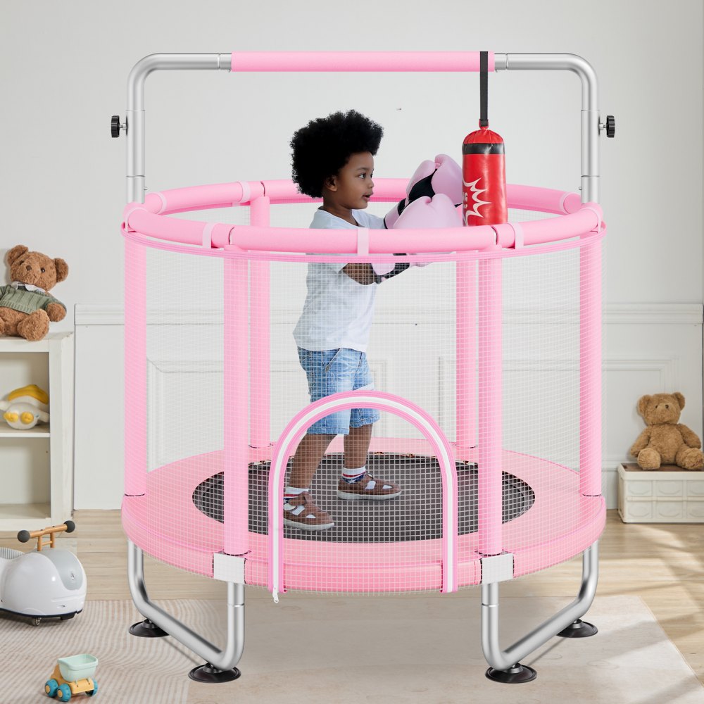 VEVOR 55" Kids Trampoline, 4.6FT Indoor Outdoor Trampoline, Mini Toddler Recreational Trampolinewith Safety Enclosure Net and Basketball Hoop, Birthday Gifts Christmas Toys for 3+ Years Children, Pink