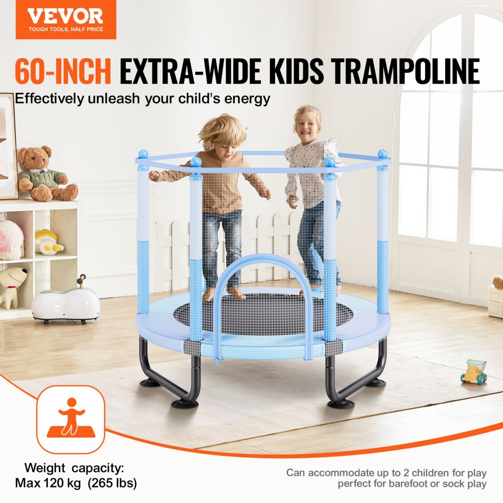 VEVOR 60" Kids Trampoline, 5FT Indoor Outdoor Trampoline, Mini Toddler Recreational Trampolinewith Safety Enclosure Net and Basketball Hoop, Birthday Gifts Christmas Toys for 3+ Years Children, Blue