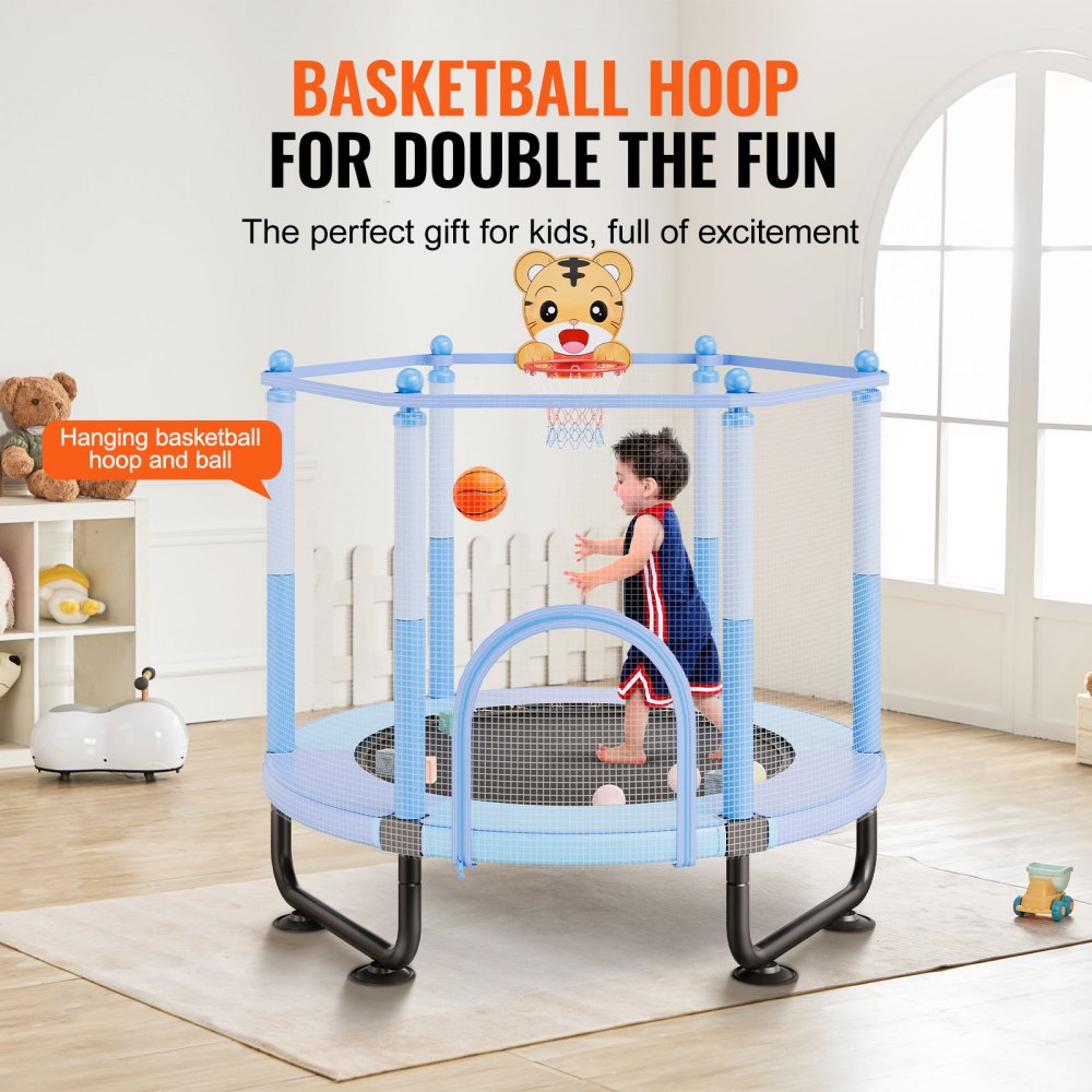 VEVOR 60" Kids Trampoline, 5FT Indoor Outdoor Trampoline, Mini Toddler Recreational Trampolinewith Safety Enclosure Net and Basketball Hoop, Birthday Gifts Christmas Toys for 3+ Years Children, Blue