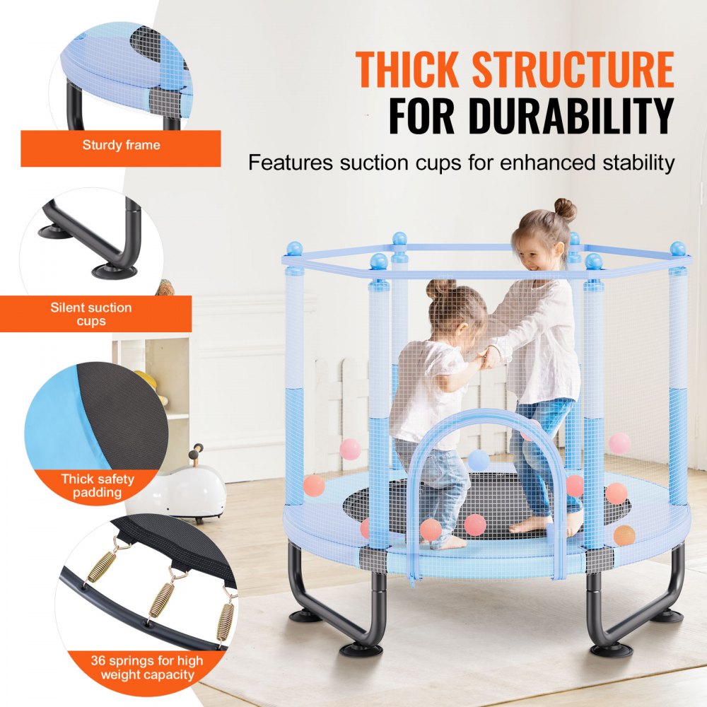 VEVOR 60" Kids Trampoline, 5FT Indoor Outdoor Trampoline, Mini Toddler Recreational Trampolinewith Safety Enclosure Net and Basketball Hoop, Birthday Gifts Christmas Toys for 3+ Years Children, Blue