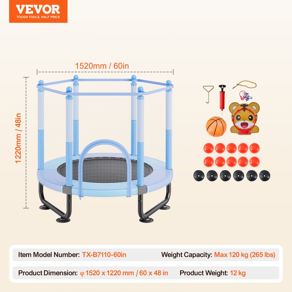 VEVOR 60" Kids Trampoline, 5FT Indoor Outdoor Trampoline, Mini Toddler Recreational Trampolinewith Safety Enclosure Net and Basketball Hoop, Birthday Gifts Christmas Toys for 3+ Years Children, Blue