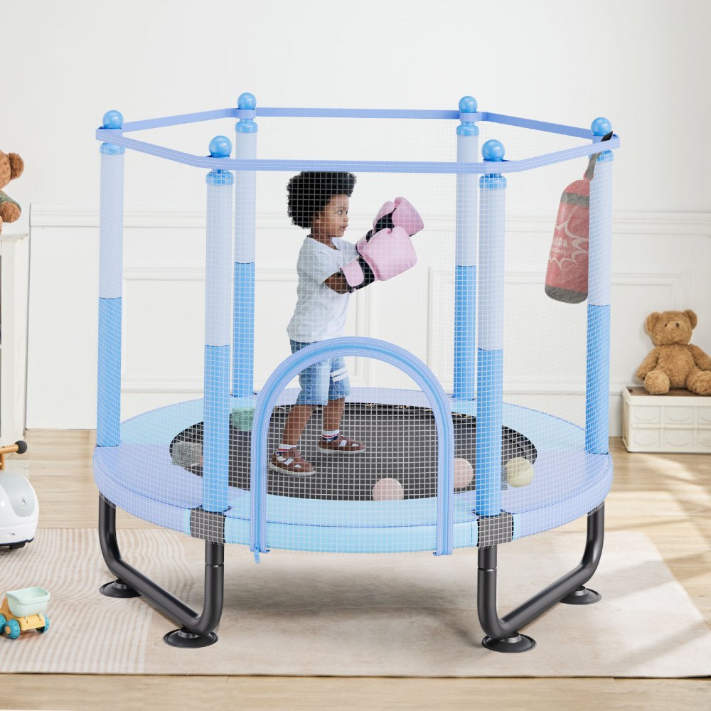 VEVOR 60" Kids Trampoline, 5FT Indoor Outdoor Trampoline, Mini Toddler Recreational Trampolinewith Safety Enclosure Net and Basketball Hoop, Birthday Gifts Christmas Toys for 3+ Years Children, Blue