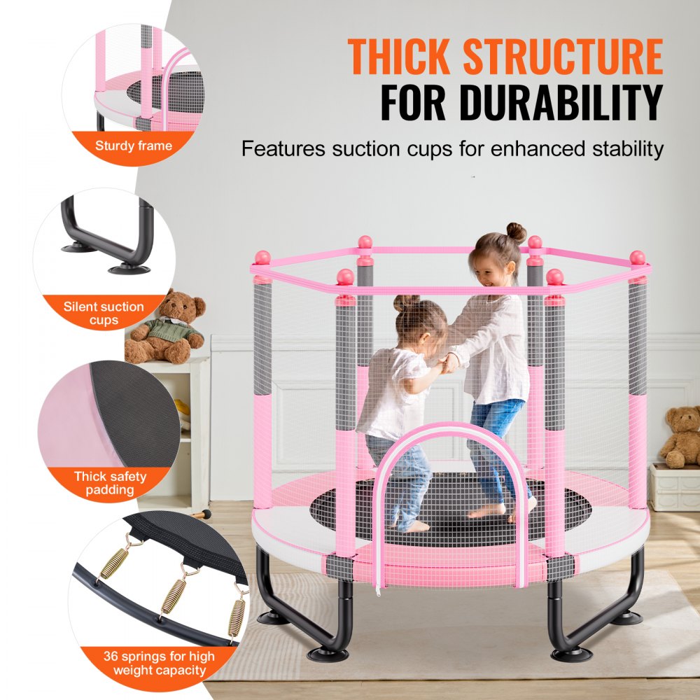 VEVOR 60" Kids Trampoline, 5FT Indoor Outdoor Trampoline, Mini Toddler Recreational Trampolinewith Safety Enclosure Net and Basketball Hoop, Birthday Gifts Christmas Toys for 3+ Years Children, Pink