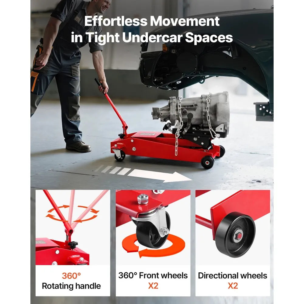 VEVOR Low Profile Floor Jack, 1000 lbs / 0.45 Ton Lifting Capacity Telescoping Transmission Floor Jack, 6.3-25.2 in Lifting Height, 360° Swivel Front wheels, Heavy-Duty Lift Hoist for Garage/Shop
