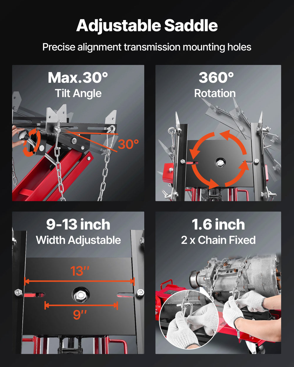 Adjustable saddle - 30 degree tilt, 360 degree rotation, 9-13 inch width adjustable, chains included