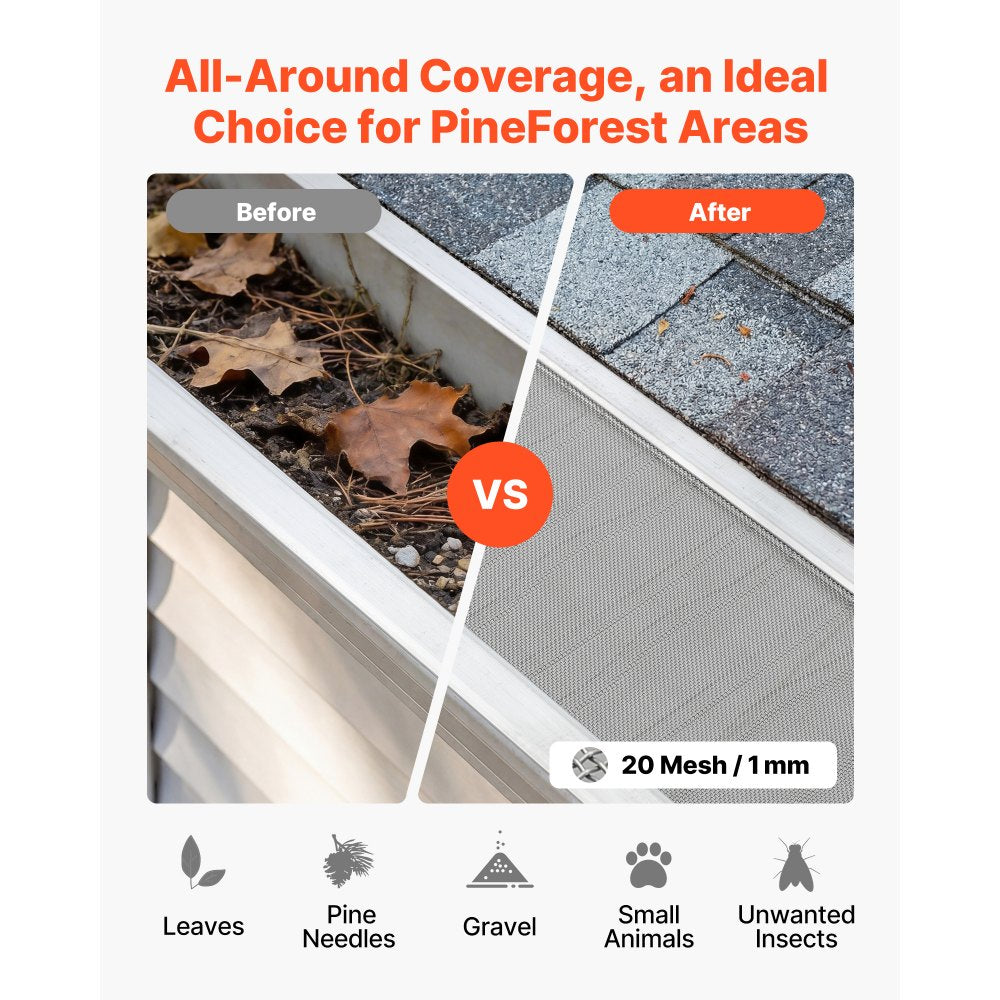 VEVOR Gutter Guard, 5 in Aluminum Gutter Cover with Stainless Steel Micro Mesh, Heavy-Duty 48ft Length, 0.04in Thick, Leaf Guard for Debris and Pine Needles, Easy DIY Install, Screws Included, 12 PCS