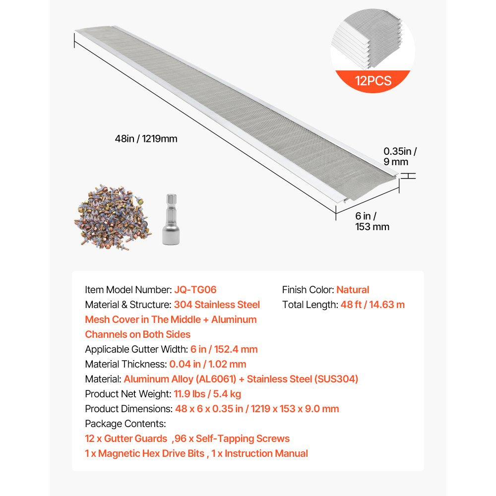 VEVOR Gutter Guard, 6 in Aluminum Gutter Cover with Stainless Steel Micro Mesh, Heavy-Duty 48ft Length, 0.04in Thick, Leaf Guard for Debris and Pine Needles, Easy DIY Install, Screws Included, 12 PCS