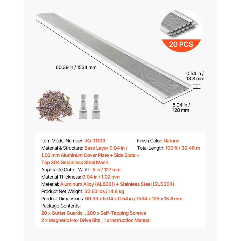VEVOR Gutter Guard, 5 in Aluminum Gutter Cover with Stainless Steel Micro Mesh, Heavy-Duty 100ft Length, 0.04in Thick, Leaf Guard for Debris and Pine Needles, Easy DIY Install, Screws Included, 20 PCS