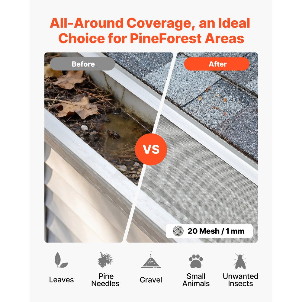 VEVOR Gutter Guard, 6 in Aluminum Gutter Cover with Stainless Steel Micro Mesh, Heavy-Duty 100ft Length, 0.04in Thick, Leaf Guard for Debris and Pine Needles, Easy DIY Install, Screws Included, 20 PCS