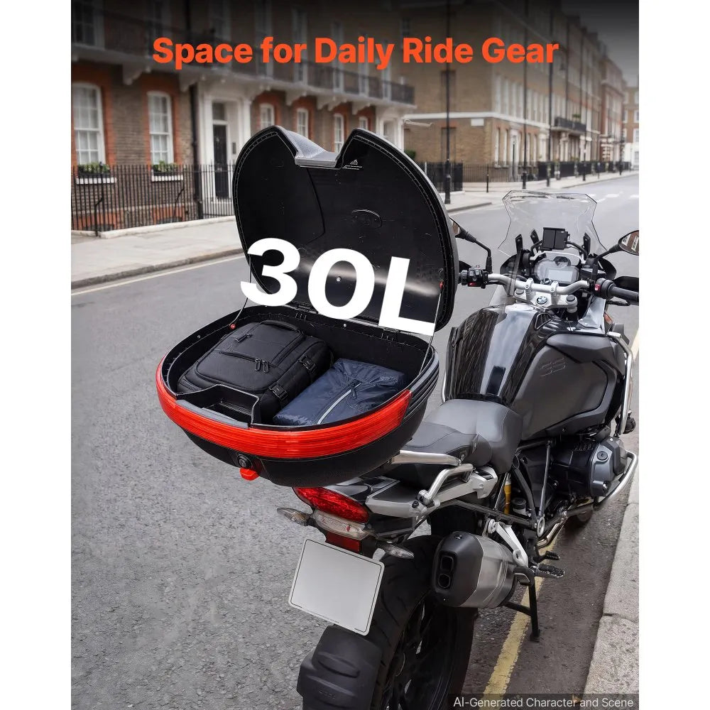 VEVOR Motorcycle Top Case 30L Universal Waterproof PP Motorcycle Tail Case, Detachable Motorbike Top Box with Security Lock & Backrest for Luggage Storage