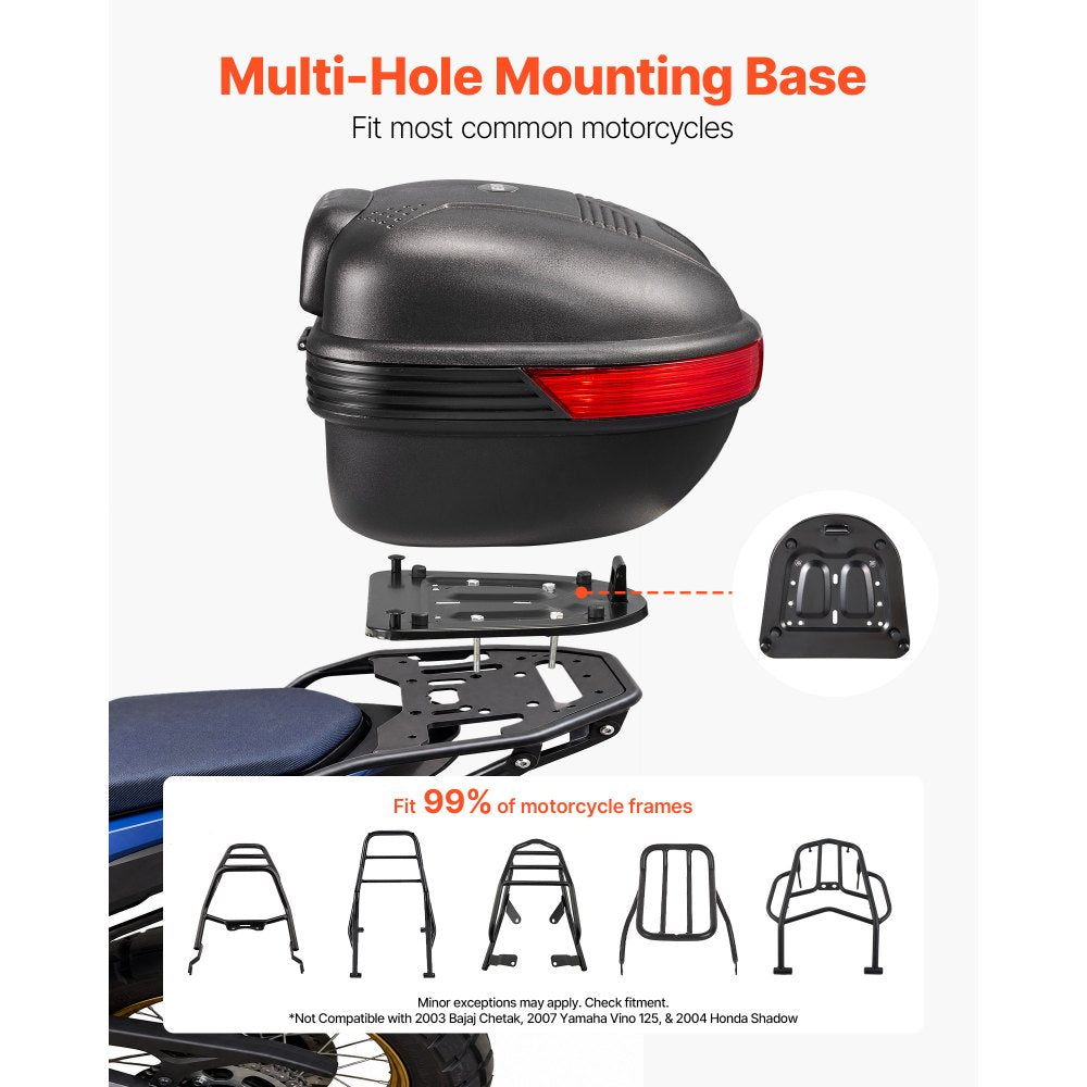 VEVOR Motorcycle Top Case 30L Universal Waterproof PP Motorcycle Tail Case, Detachable Motorbike Top Box with Security Lock & Backrest for Luggage Storage