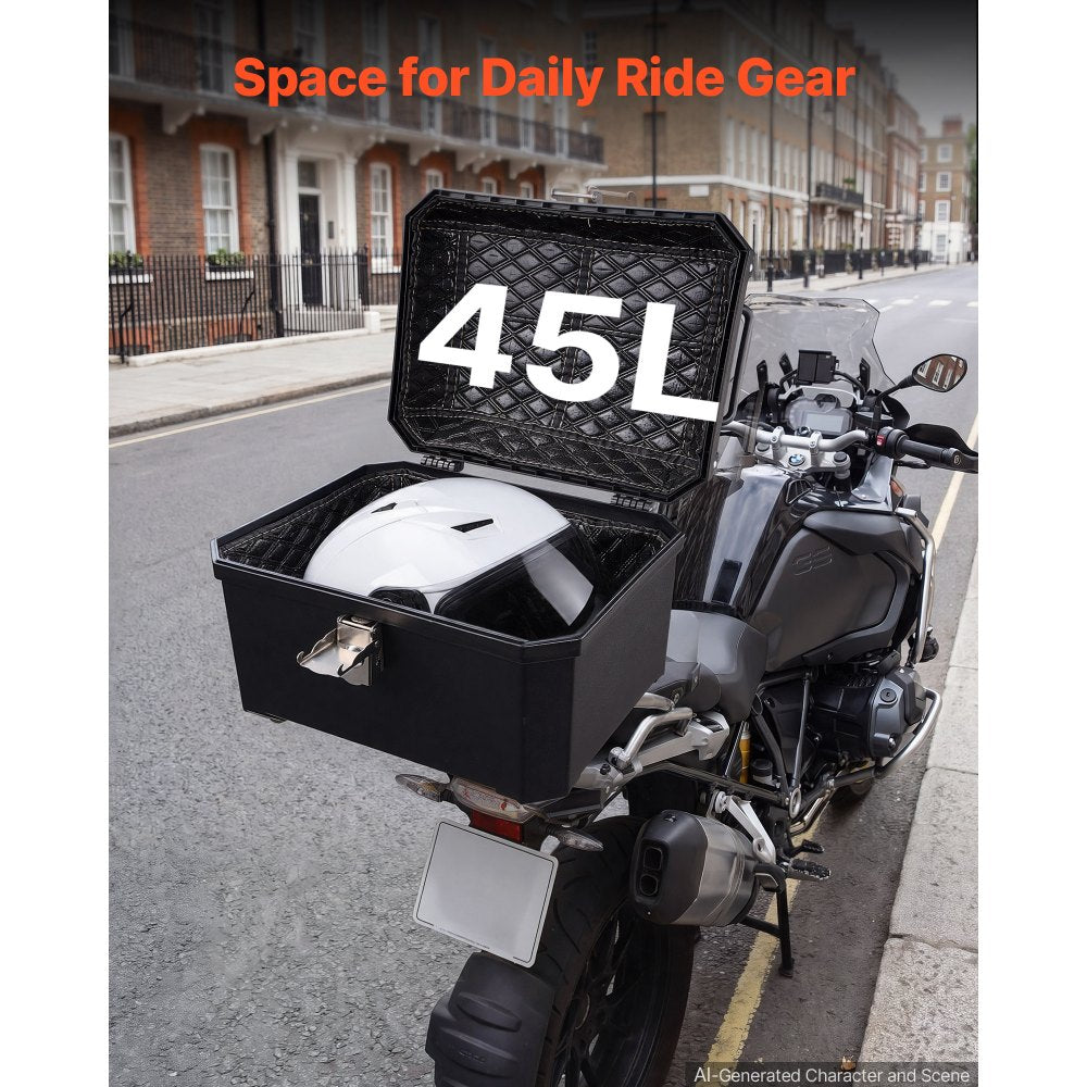 VEVOR Motorcycle Top Case 45L Universal Waterproof ABS Motorcycle Tail Case, Detachable Motorbike Top Box with Security Lock & Leather Liner for Luggage Storage