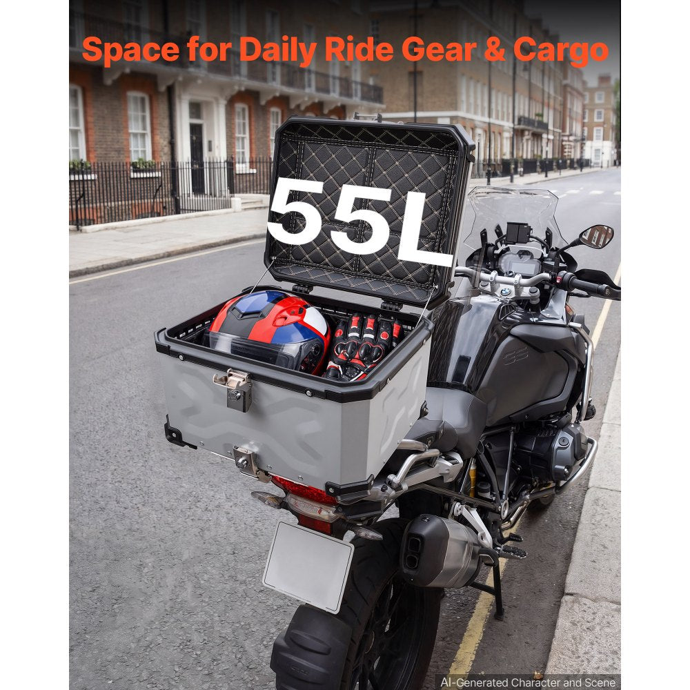 VEVOR Motorcycle Top Case 55L Universal Aluminum Hard Motorcycle Tail Case, Waterproof Detachable Motorbike Top Box with Security Lock & Leather Liner for Luggage Storage
