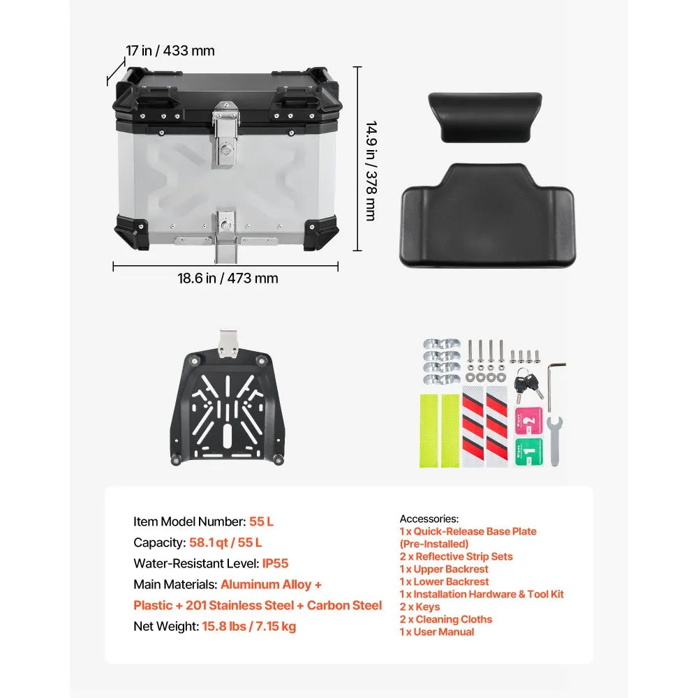 VEVOR Motorcycle Top Case 55L Universal Aluminum Hard Motorcycle Tail Case, Waterproof Detachable Motorbike Top Box with Security Lock & Leather Liner for Luggage Storage