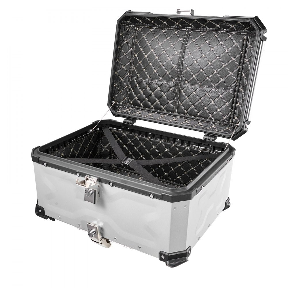 VEVOR Motorcycle Top Case, 65L Universal Aluminum Hard Motorcycle Tail Case, Waterproof Detachable Motorbike Top Box with Security Lock & Leather Liner for Helmets Storage