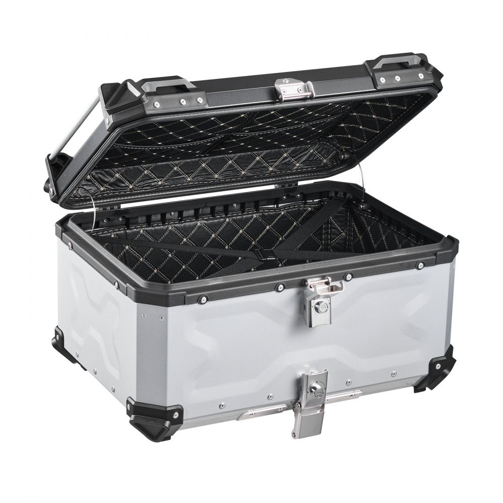 VEVOR Motorcycle Top Case, 65L Universal Aluminum Hard Motorcycle Tail Case, Waterproof Detachable Motorbike Top Box with Security Lock & Leather Liner for Helmets Storage
