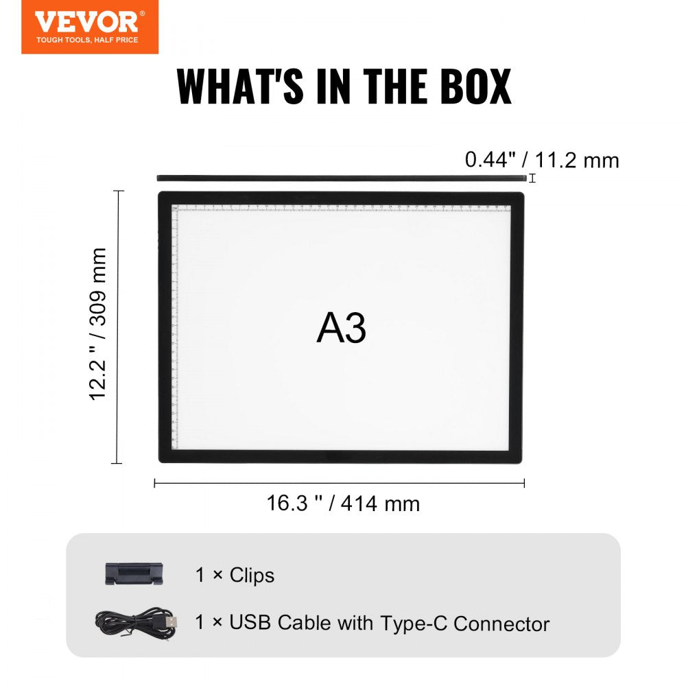 VEVOR Light Board, A3 LED Light Pad with 6 Level Dimmable Brightness, Rechargeable Light Table for Tracing, Light Box for Diamond Painting, Animation, Sketching, Drawing, Stenciling, Artists (Black)
