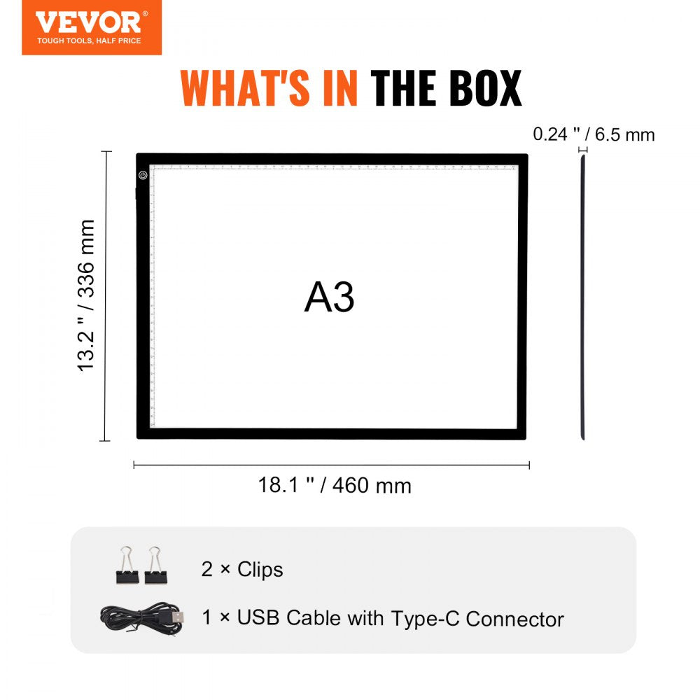 VEVOR Light Board, A3 LED Light Pad with 3 Level Dimmable Brightness, USB Powered Light Table for Tracing, Light Box for Diamond Painting, Animation, Sketching, Drawing, Stenciling, Artists (Black)