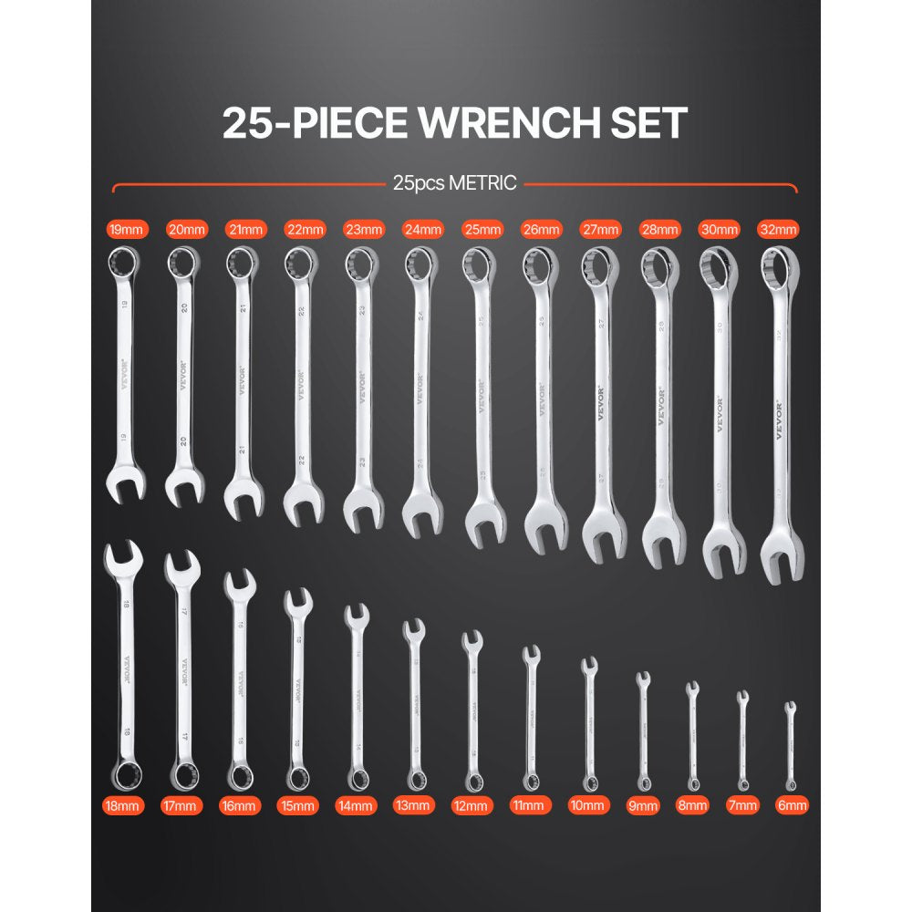VEVOR Combination Wrench Set, 25-Piece Open End Wrench Set with Roll-up Pouch, Carbon Steel Wrench Set  Metric 6 mm to 32 mm, Ideal for General Household, Garage, Workshop, Auto Repairs, Emergency