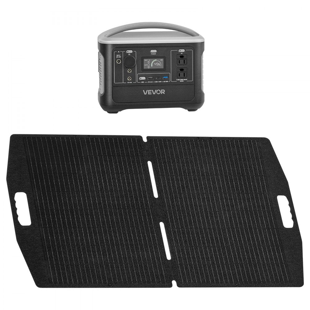 VEVOR Portable Power Station with 100W Solar Panel, 600W Solar Generator Power Station, 493Wh LiFePO4 Battery Backup with 8 Output Ports for Home Emergency, Outdoor Camping, RV Travel