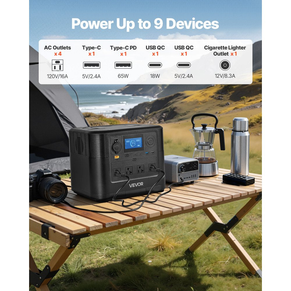 VEVOR Portable Power Station, 1800W Solar Generator Power Station, 1008Wh LiFePO4 Battery Backup with 9 Output Ports for for Home Emergency, Outdoor Camping, RV Travel (Solar Panel NOT Included)