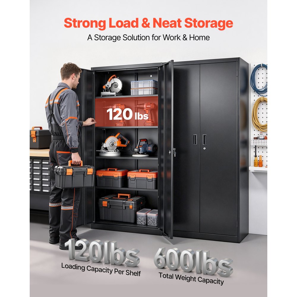 VEVOR Metal Storage Cabinet 68.9 in Lockable Steel Garage Cabinet Black, for Pantry, Warehouse, Basement, Laundry, Office, 5 Tiers Tool Storage with 4 Adjustable Shelves, 2 Magnetic Doors, 2 Keys