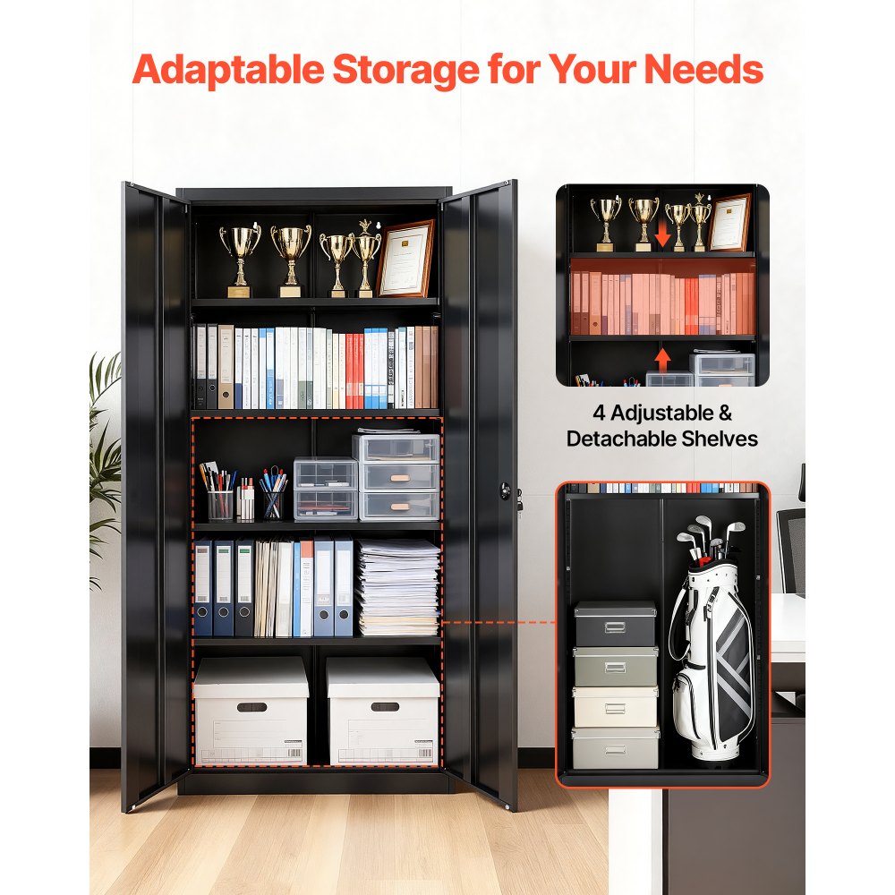 VEVOR Metal Storage Cabinet 68.9 in Lockable Steel Garage Cabinet Black, for Pantry, Warehouse, Basement, Laundry, Office, 5 Tiers Tool Storage with 4 Adjustable Shelves, 2 Magnetic Doors, 2 Keys