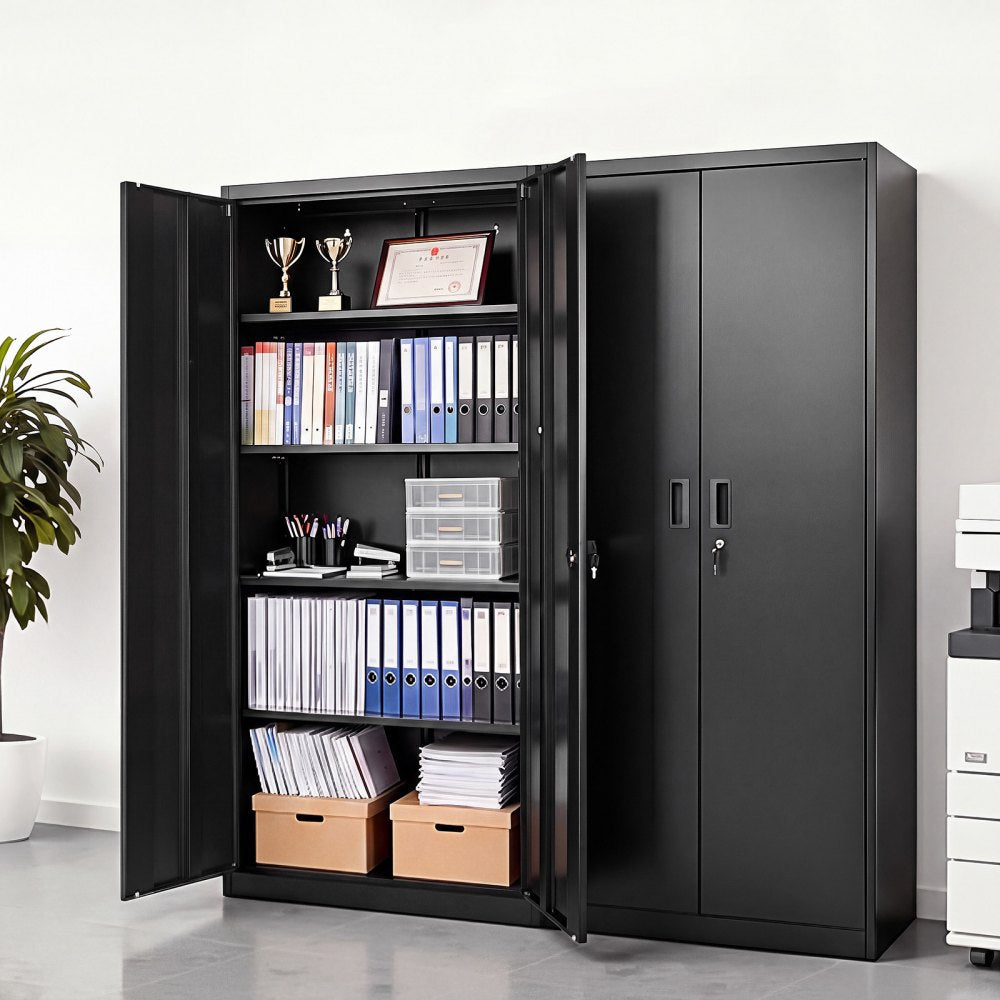 VEVOR Metal Storage Cabinet 68.9 in Lockable Steel Garage Cabinet Black, for Pantry, Warehouse, Basement, Laundry, Office, 5 Tiers Tool Storage with 4 Adjustable Shelves, 2 Magnetic Doors, 2 Keys