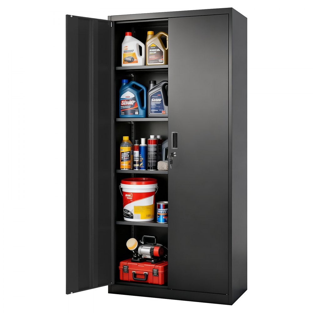 VEVOR Metal Storage Cabinet 68.9 in Lockable Steel Garage Cabinet Black, for Pantry, Warehouse, Basement, Laundry, Office, 5 Tiers Tool Storage with 4 Adjustable Shelves, 2 Magnetic Doors, 2 Keys
