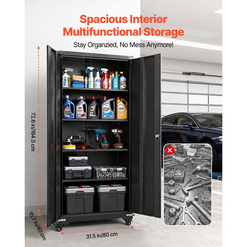 VEVOR Metal Storage Cabinet 72.6 in Rolling Steel Garage Cabinet Black, for Pantry, Warehouse, Basement, Office, 5 Tiers Lockable Tool Storage, with 4 Adjustable Shelves, 2 Magnetic Doors & 2 Keys