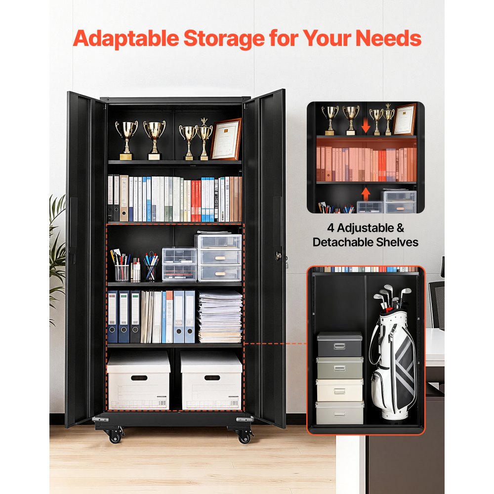 VEVOR Metal Storage Cabinet 72.6 in Rolling Steel Garage Cabinet Black, for Pantry, Warehouse, Basement, Office, 5 Tiers Lockable Tool Storage, with 4 Adjustable Shelves, 2 Magnetic Doors & 2 Keys