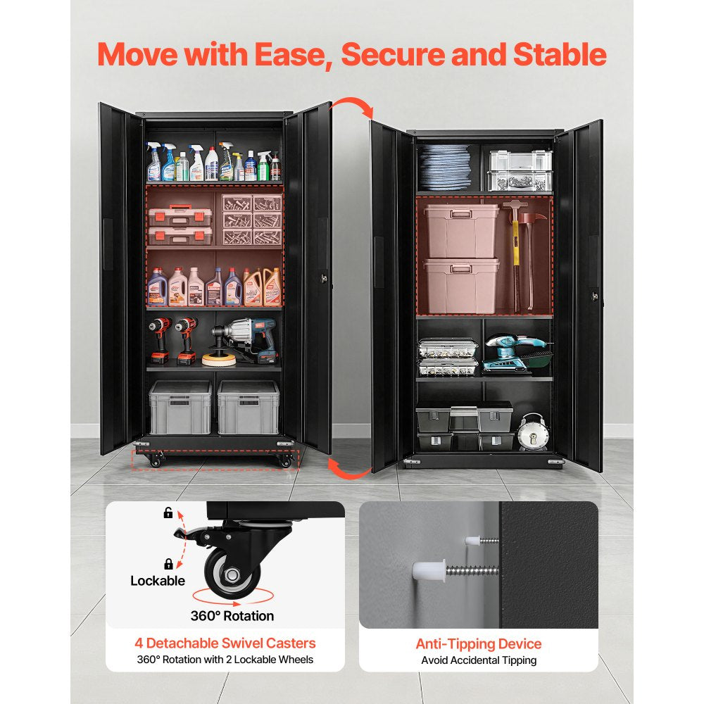 VEVOR Metal Storage Cabinet 72.6 in Rolling Steel Garage Cabinet Black, for Pantry, Warehouse, Basement, Office, 5 Tiers Lockable Tool Storage, with 4 Adjustable Shelves, 2 Magnetic Doors & 2 Keys
