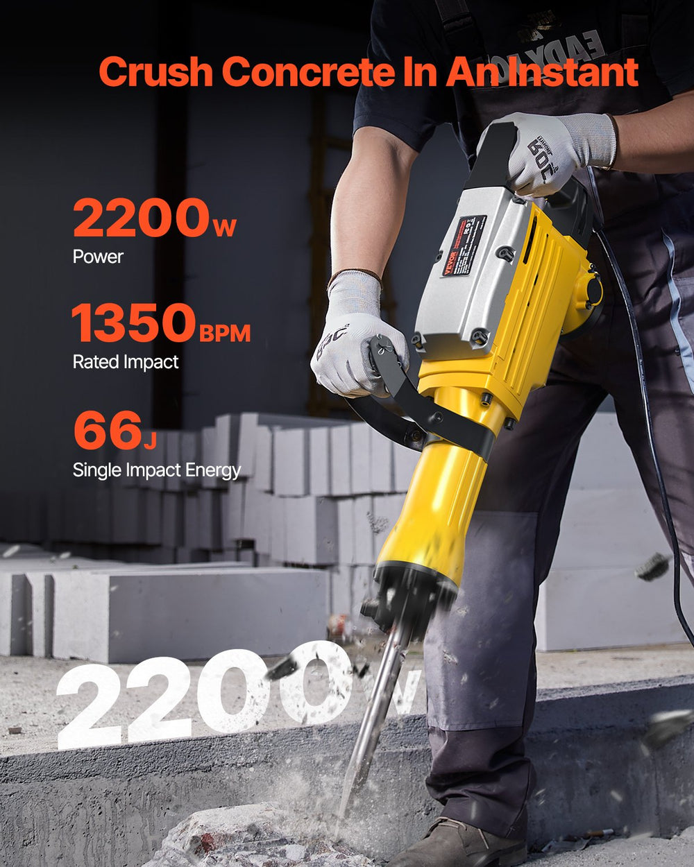 VEVOR Demolition Jack Hammer, 2200W 1350 BPM Jack Hammer Concrete Breaker, Heavy Duty Electric Jack Hammer 4pcs Chisels Bit with Gloves, 360° Swiveling Front Handle for Trenching and Breaking Holes