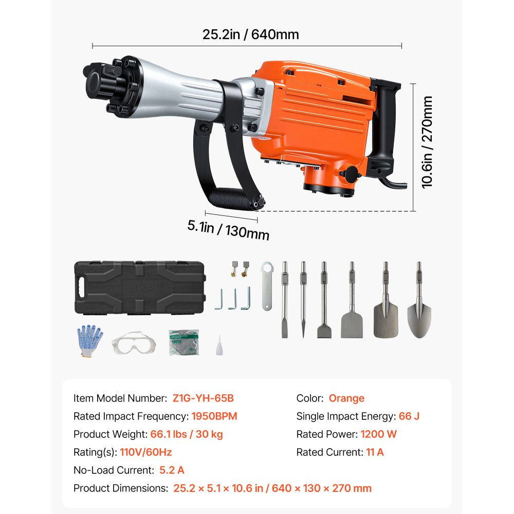 VEVOR Demolition Jack Hammer 2200 W 1950 BPM Concrete Breaker 6pcs Chisels, For Trenching and Hole Breaking, 360° Swiveling Front Handle, Heavy Duty Electric Jack Hammer with Gloves, Carrying Case