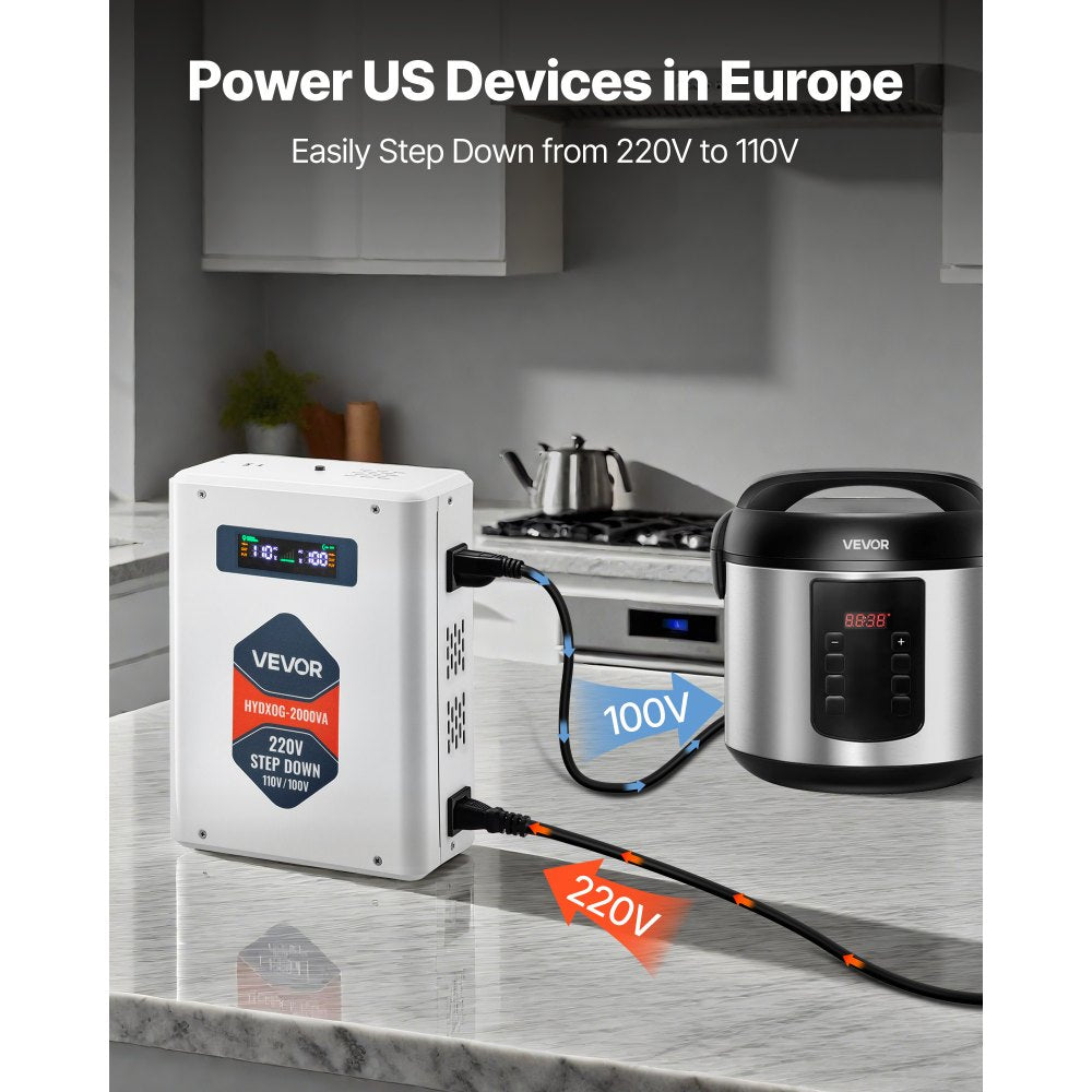 VEVOR Step Down Voltage Converter, 2000VA, Heavy Duty Voltage Power Converter, 220V to 110V Power Transformer, with 2 US Outlets, USB Output, LCD Display, Temperature Protection, for 110V Appliances