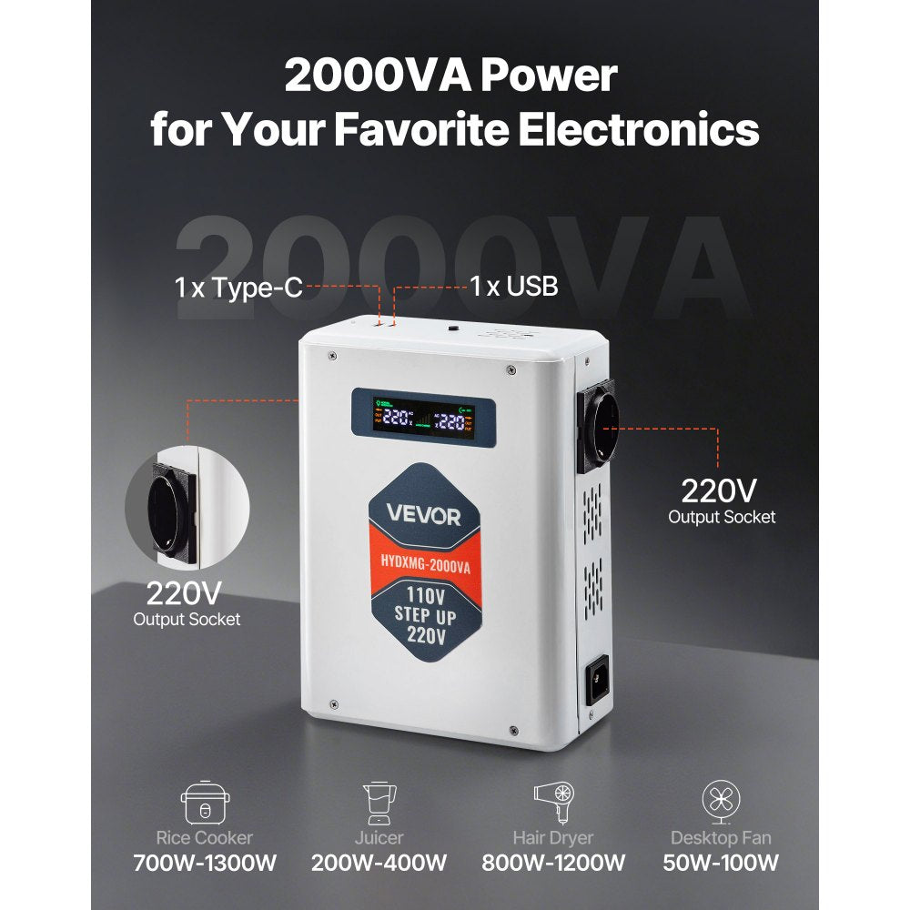 VEVOR Step Up Voltage Converter, 2000VA, Heavy Duty Voltage Power Converter, 110V to 220V Power Transformer, with 2 EU Outlets, USB Output, LCD Display, Temperature Protection, for 220V Appliances