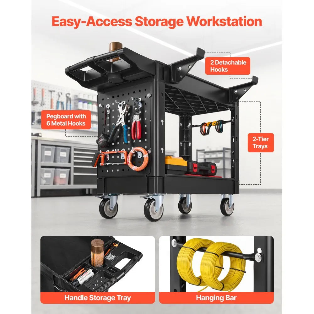 VEVOR Utility Cart, 550 lbs Capacity, 2 Tier Service Cart with 360° Swivel & Fixed Wheels (2 with Brakes), Heavy Duty Plastic Rolling with Tray and Pegboard, Tool Storage for Garage Warehouse Workshop