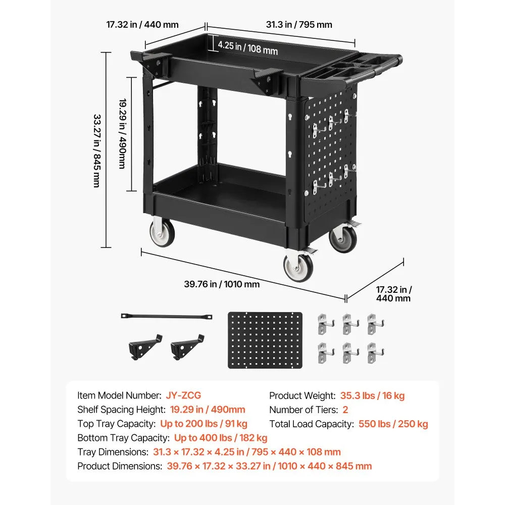 VEVOR Utility Cart, 550 lbs Capacity, 2 Tier Service Cart with 360° Swivel & Fixed Wheels (2 with Brakes), Heavy Duty Plastic Rolling with Tray and Pegboard, Tool Storage for Garage Warehouse Workshop