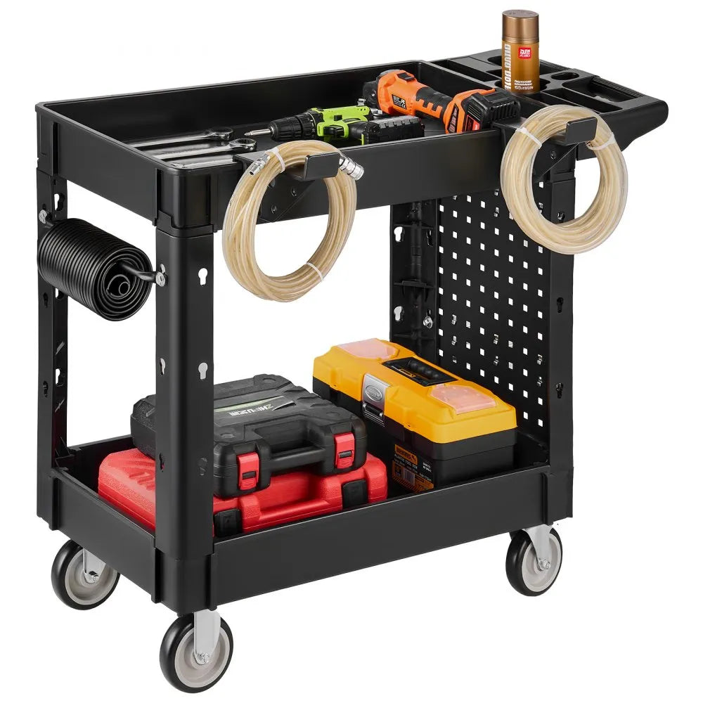 VEVOR Utility Cart, 550 lbs Capacity, 2 Tier Service Cart with 360° Swivel & Fixed Wheels (2 with Brakes), Heavy Duty Plastic Rolling with Tray and Pegboard, Tool Storage for Garage Warehouse Workshop