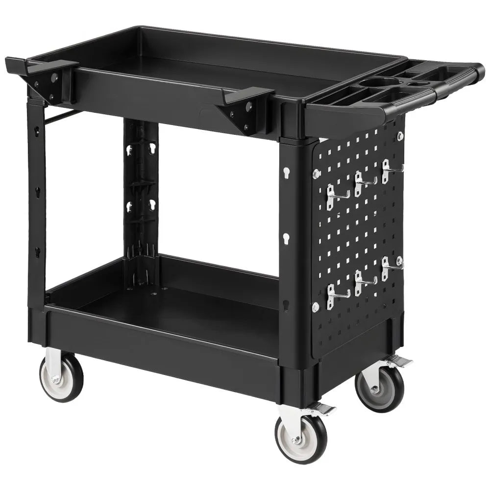 VEVOR Utility Cart, 550 lbs Capacity, 2 Tier Service Cart with 360° Swivel & Fixed Wheels (2 with Brakes), Heavy Duty Plastic Rolling with Tray and Pegboard, Tool Storage for Garage Warehouse Workshop