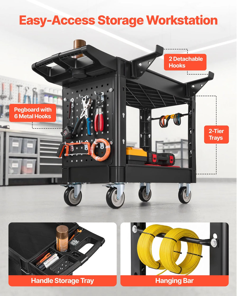 VEVOR Utility Cart, 550 lbs Capacity, 2 Tier Service Cart with 360° Swivel & Fixed Wheels (2 with Brakes), Heavy Duty Plastic Rolling with Tray and Pegboard, Tool Storage for Garage Warehouse Workshop