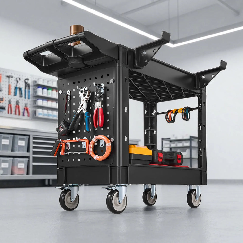 VEVOR Utility Cart, 550 lbs Capacity, 2 Tier Service Cart with 360° Swivel & Fixed Wheels (2 with Brakes), Heavy Duty Plastic Rolling with Tray and Pegboard, Tool Storage for Garage Warehouse Workshop
