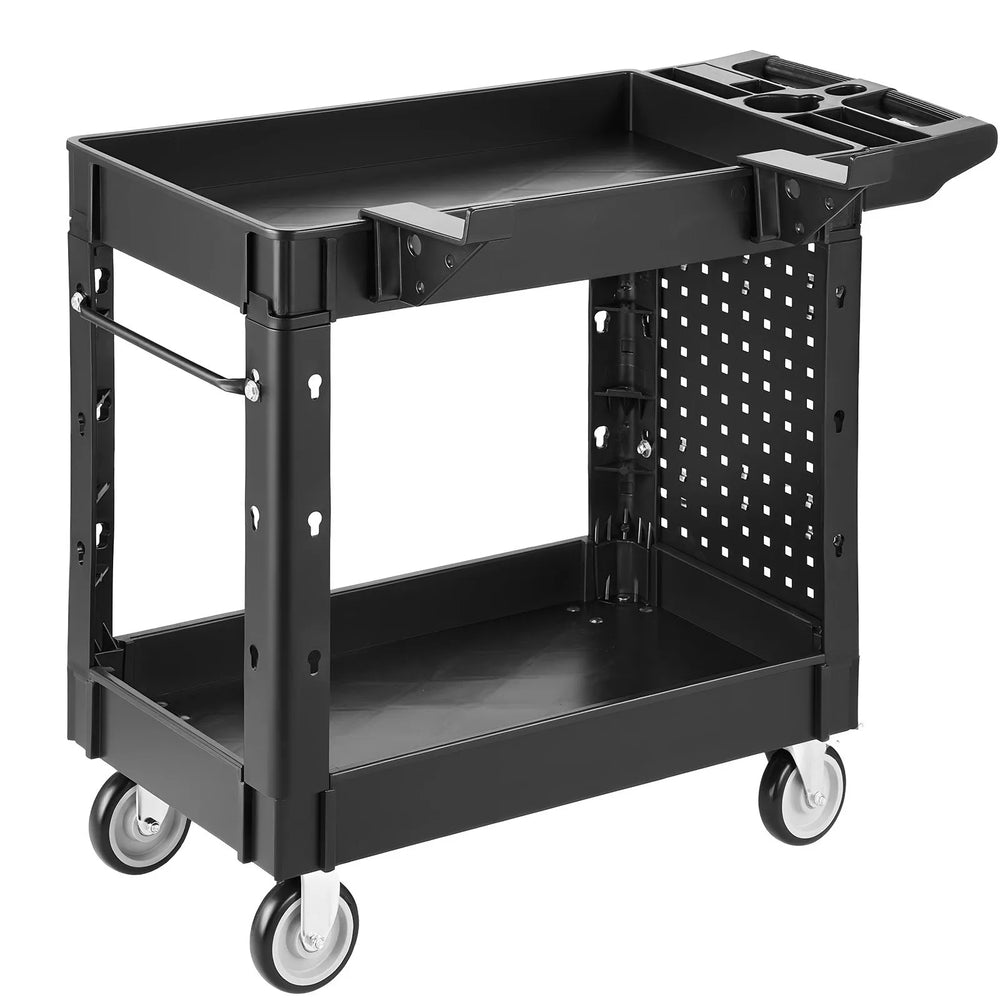 VEVOR Utility Cart, 550 lbs Capacity, 2 Tier Service Cart with 360° Swivel & Fixed Wheels (2 with Brakes), Heavy Duty Plastic Rolling with Tray and Pegboard, Tool Storage for Garage Warehouse Workshop