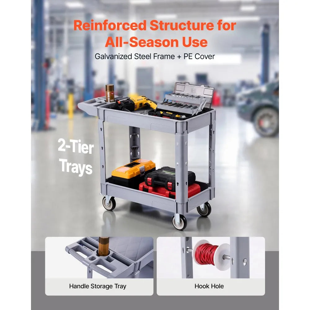 VEVOR Utility Cart, 550 lbs Capacity, 2 Tier Service Cart with 360° Swivel & Fixed Wheels (2 with Brakes), Heavy Duty Plastic Rolling with Storage Tray, Tool Storage for Garage Warehouse Workshop
