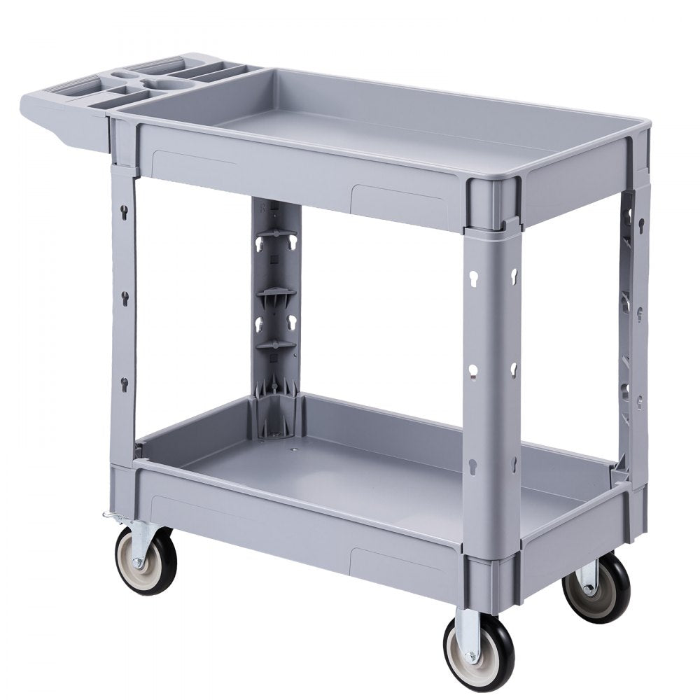 VEVOR Utility Cart, 550 lbs Capacity, 2 Tier Service Cart with 360° Swivel & Fixed Wheels (2 with Brakes), Heavy Duty Plastic Rolling with Storage Tray, Tool Storage for Garage Warehouse Workshop