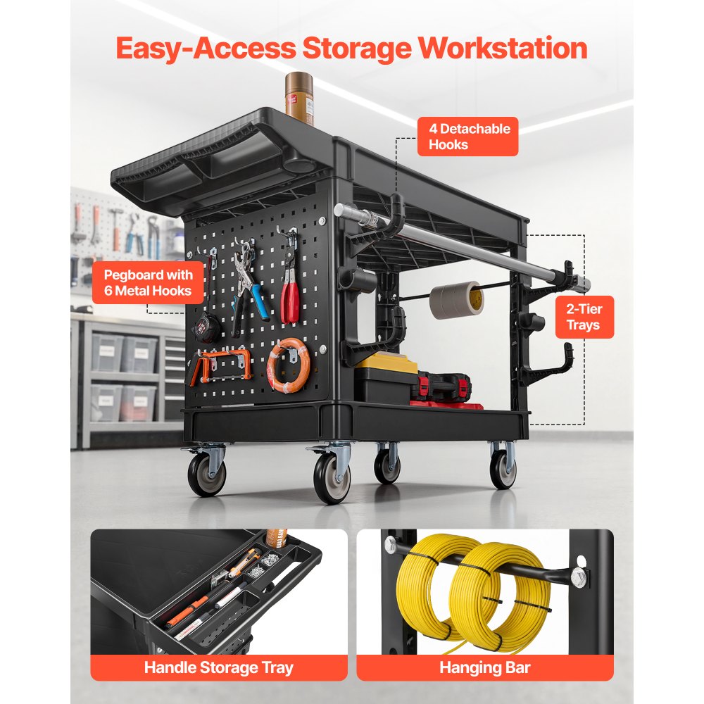 VEVOR Utility Cart, 550 lbs Capacity, 2 Tier Service Cart with 360° Swivel & Fixed Wheels (2 with Brakes), Heavy Duty Plastic Rolling with Tray and Pegboard, Tool Storage for Garage Warehouse, Black