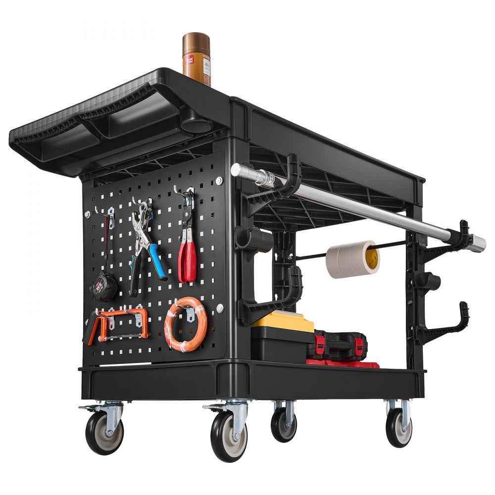 VEVOR Utility Cart, 550 lbs Capacity, 2 Tier Service Cart with 360° Swivel & Fixed Wheels (2 with Brakes), Heavy Duty Plastic Rolling with Tray and Pegboard, Tool Storage for Garage Warehouse, Black