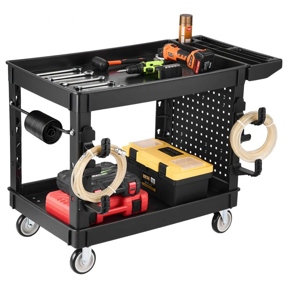 VEVOR Utility Cart, 550 lbs Capacity, 2 Tier Service Cart with 360° Swivel & Fixed Wheels (2 with Brakes), Heavy Duty Plastic Rolling with Tray and Pegboard, Tool Storage for Garage Warehouse, Black