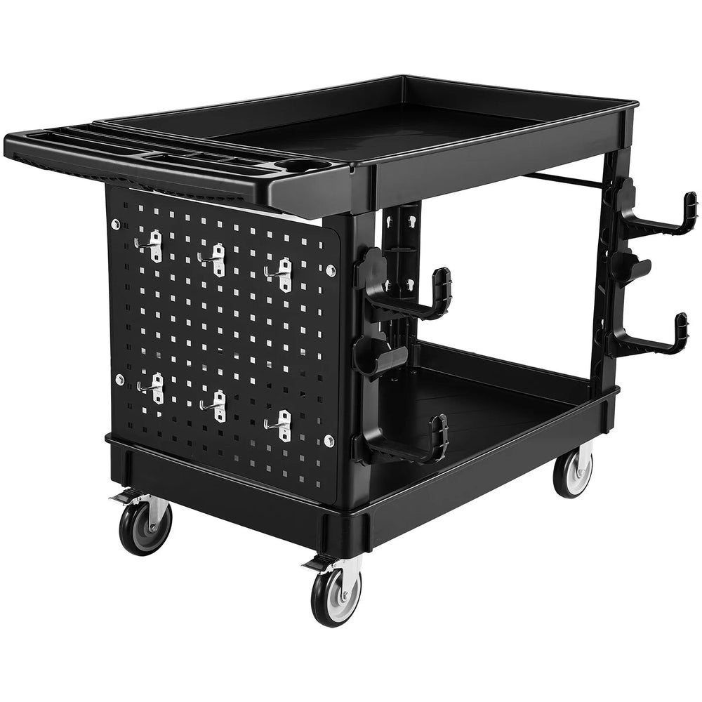 VEVOR Utility Cart, 550 lbs Capacity, 2 Tier Service Cart with 360° Swivel & Fixed Wheels (2 with Brakes), Heavy Duty Plastic Rolling with Tray and Pegboard, Tool Storage for Garage Warehouse, Black